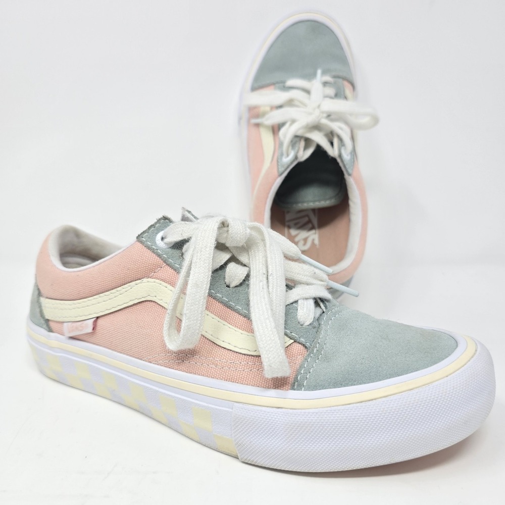 Vans Old Skool Pro Pink Sage Green Checkerboard Skate Shoes Mens 5 Womens 6.5
